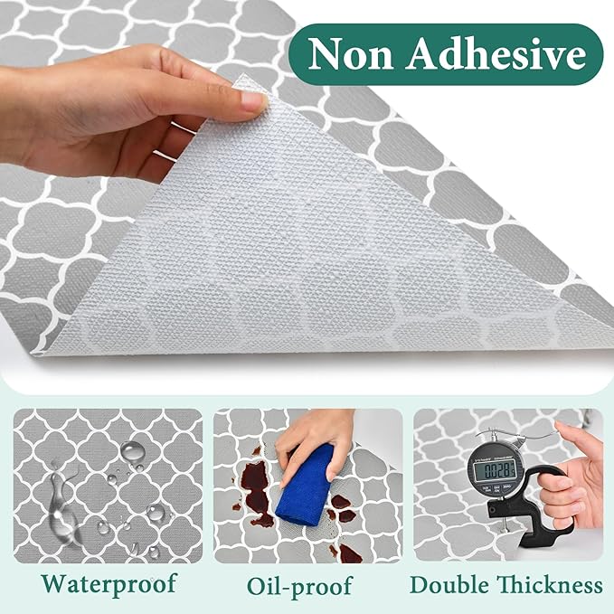 Shelf Liners for Kitchen Cabinets 12in x 30FT Non Adhesive Drawer Liner Gray Quatrefoil Thickened Shelf Liner Paper Strong Non-Slip Easy to Clean for Tool Box Refrigerator with Knife and Tape Measure