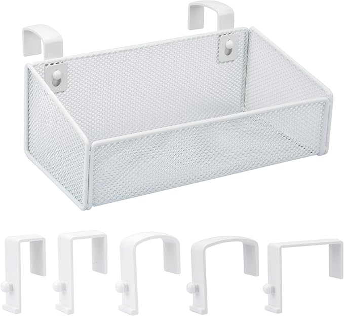 Bedside Caddy Hanging Storage Basket Beside Shelf Metal Organizer for Collage Dorm Bunk Bed,Hospital Bed,Baby Bed - Bedroom Essentials for Magazine,Remote Control,Phone,Drinks (White)