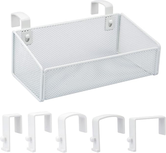 Bedside Caddy Hanging Storage Basket Beside Shelf Metal Organizer for Collage Dorm Bunk Bed,Hospital Bed,Baby Bed - Bedroom Essentials for Magazine,Remote Control,Phone,Drinks (White)