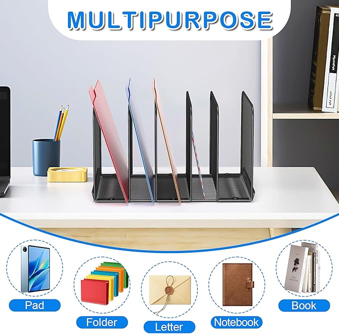 5 Sections Desk File Holder/Rack/Sorter,Mesh File Organizer,File Folder Organizer,Metal Upright Desktop Organization for Documents,Magazine,Kitchenware,Antiskid,Antirust,Sturdy,1 Pack