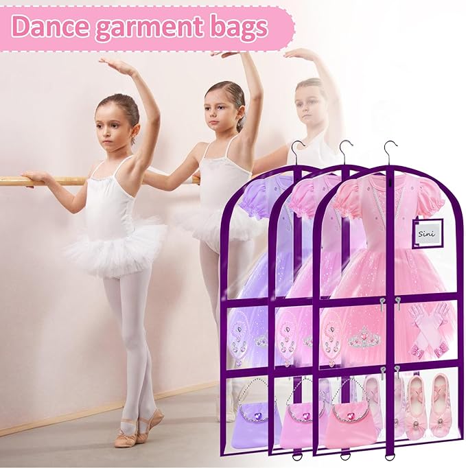 Garment Bags for Dance Costumes - 40 Inch Clear PVC with 5 Zipper Pockets (3 Pack) - Kids Dance Garment Bag for Dancers, Hanging Clothes Storage, Competitions & Travel (Clear Purple)