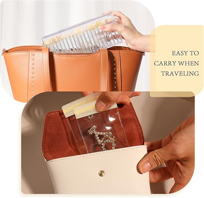 Acrylic Jewelry Box Organizer, Clear Jewelry Organizer Holder with 20 Portable Anti Tarnish Jewelry bags, Travel Jewelry Case for Earrings/Rings/Necklaces for Women Girls, Yellow