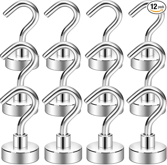 Neosmuk Magnetic Hooks, Heavy Duty 30lb+ Strong Magnet Hook for Cruise Cabins, Cruise Ship Essentials for Hanging, Metal Wall Refrigerator Hangers (Silver White, 12 Pack)