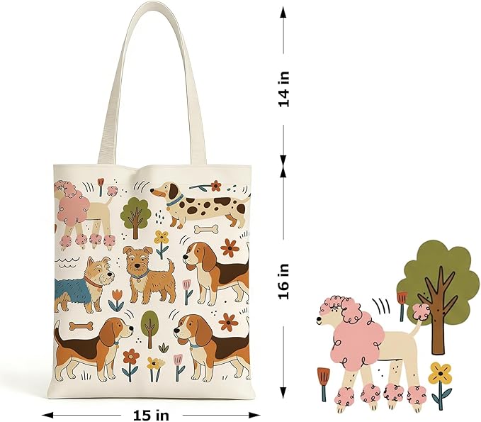 MOLOVA】Printed Canvas Tote Bag for Women - Inner Zipper Pocket & Magnetic Closure, Versatile Hand Shoulder Carry, 15x16 Inch Large Capacity for Work Travel Shopping, Dog