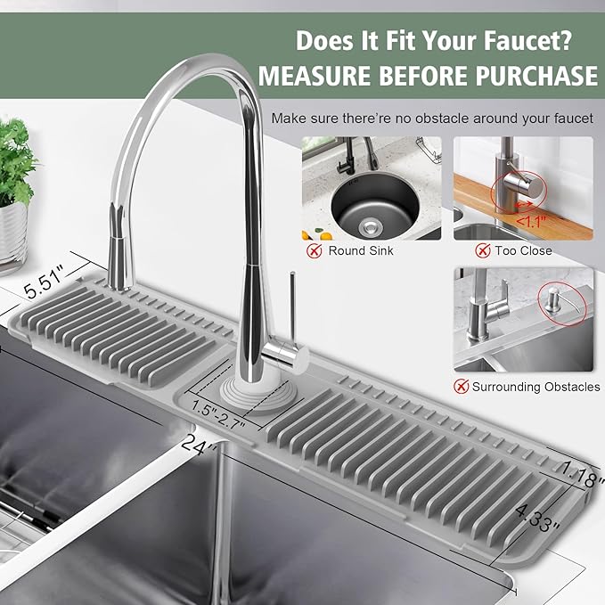 Hugro Tarfive 24-Inch Kitchen Sink Splash Guard Mat | 7° Slope for Fast Self-Draining | Snap-Lock Design | Universal & Cuttable Silicone Faucet Mat Gray
