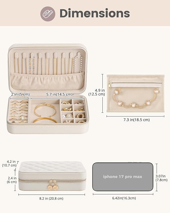 Lolalet Travel Jewelry Case for Women Girls, Travel Jewelry Organizer with Clear Storage Bag Small Portable Jewelry Box for Necklace Bracelet Earring Ring Valentines Bridesmaid Gifts -Large/Beige