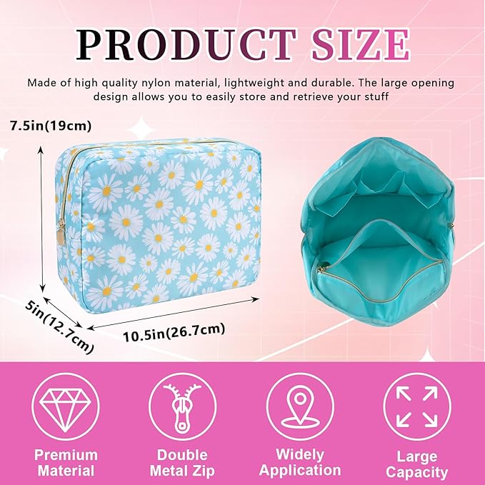 Waterproof Nylon Large Makeup Bag Travel Pouch, Floral Preppy Big Cosmetic Bag Make Up Organizer Toiletry Bag with Zipper, Large Capacity Cute Zipper Pouch Storage Bag for Women Girls(Blue Daisy)