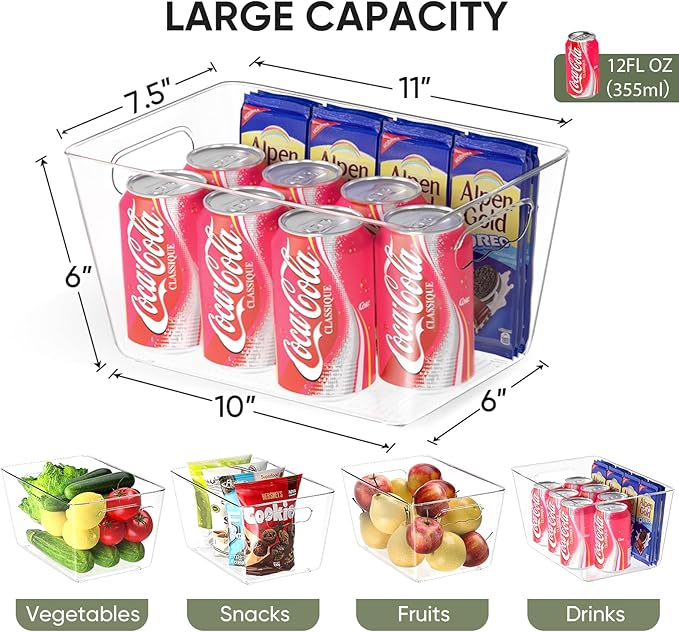 BALEINE Clear Plastic Storage Bins, Pantry Organization, BPA Free Stackable Refrigerator Organizers and Storage with Handles for Kitchen Fridge Cabinet Bathroom (8PK, 11x7.5x6)