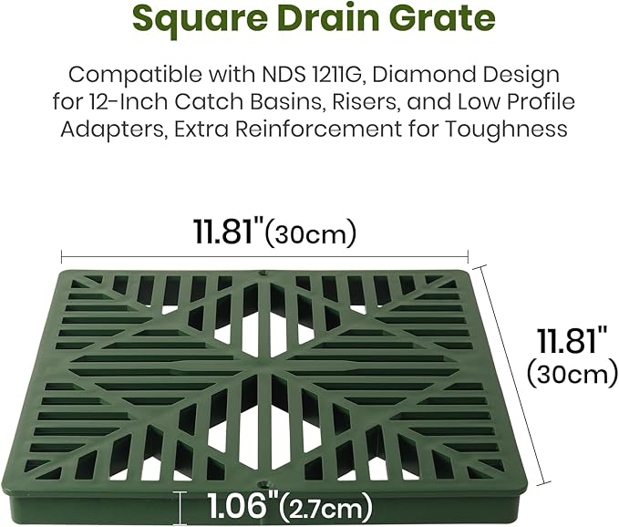 Calvana 2 Pack 12 Inch Catch Basin Drain Grate, Fiberglass Reinforced Polyethylene Square Drain Cover for Yard Patio Driveway Drainage, Green