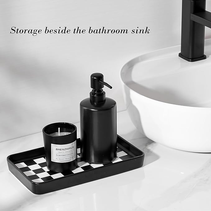 10"×6"×1" Texture Checkered Surface Bathroom Vanity Tray for Countertop- Ceramic Decorative Organizer Tray for Dresser Top, Toilet, Perfume, Sponge Holder Soap Dish Dispenser for Kitchen Counter