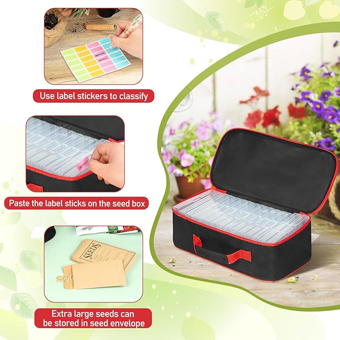 FACULX 15 Slots Seed Storage Organizer Box with 20 Seed Envelopes, Large Capacity Seeds Storage Container with Zipper Bag Label Stickers, Seeds Saving Container for Garden Vegetable and Flower (Red)