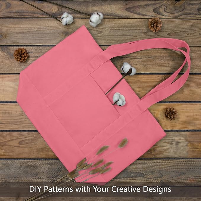 TOPDesign 3-Pack Canvas Tote Bags with an External Pocket, Reusable Grocery Shopping Bags, Top Zipper Closure, Daily Essentials (Rose Pink)