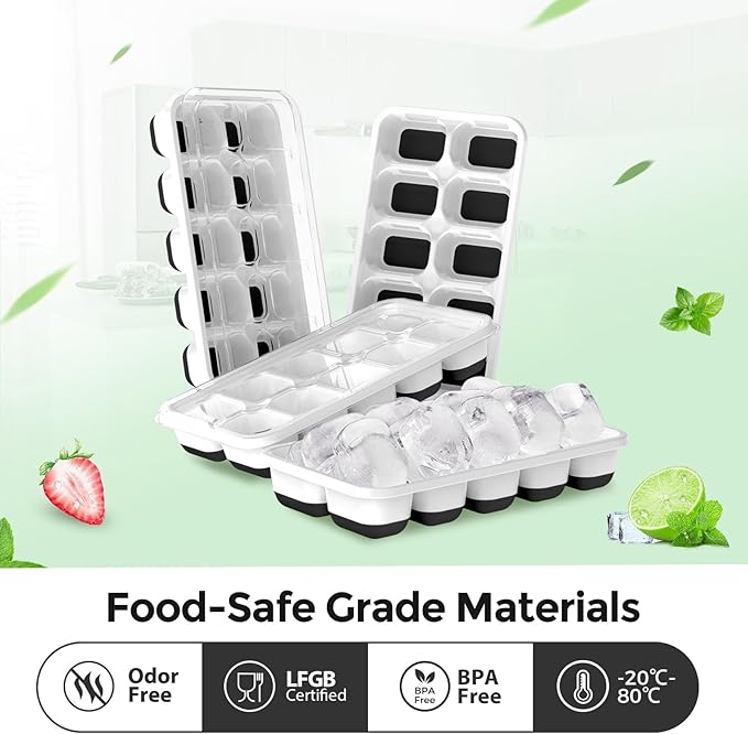 DOQAUS Ice Cube Tray with Lids - 4 Pack Stackable Silicone Ice Trays for Freezer, BPA & LFGB Safe, Easy Release for Kitchen, RV, Cocktail, Coffee, Soup & Food