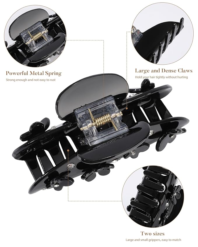 3PCS Acrylic Flower Hair Claw Clips - 2 Styles Durable Medium Small Claw Clips for Women, Strong Hold Cute Non Slip Stylish Accessories Decroation Buns for Thick Thin Hair (black)