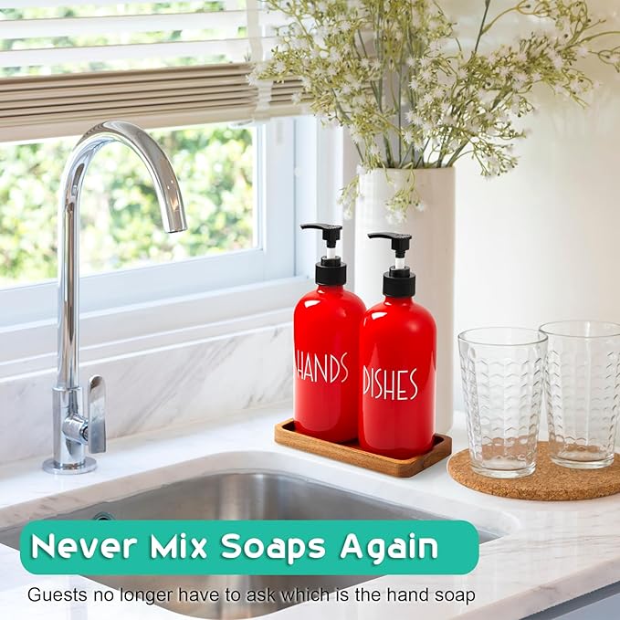 ALELION Dish Soap Dispenser for Kitchen - 16 OZ Glass Hand Soap Dispenser Set with Acacia Wood Tray - Red Kitchen Bathroom Decor and Accessories