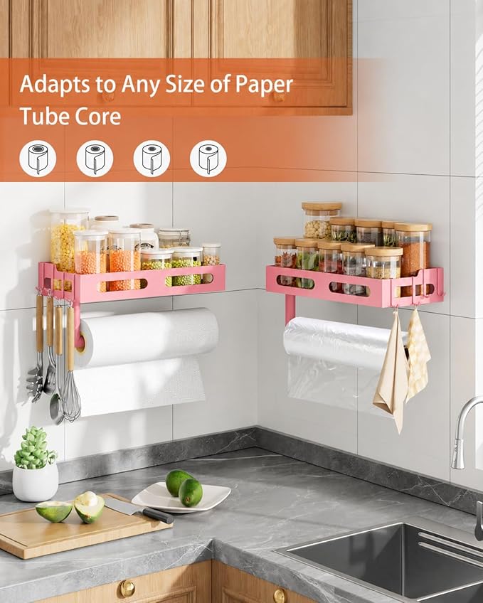 Paper Towel Holder Wall Mount with Shelf, Easy One Hand Tear, Adhesive Glue or Drill Mount Hanging Paper Towel Holder with Shelf for Kitchen/Bathroom/RV, Pink Metal, 4 Hooks