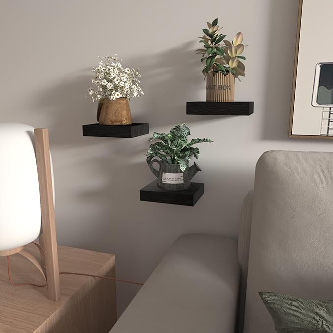 Small Floating Shelves for Wall - 6 Inch Mini Square Black Shelves for Bedroom, Living Room, Bathroom, Kitchen, Office Decor Set of 3