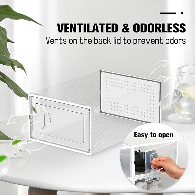 Kuject 15 Pack Shoe Storage Boxes, Large Clear Plastic Stackable Shoe Organizer for Closet, Connect Left and Right Shoe Boxes Case Container Bin for Entryway, Drop Front, Fit for Size 10 (White)