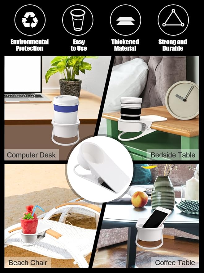 2PCS Drinking Cup Holder Clip, Kalolary Desk Bottle Cup Stand DIY Glass Clamp Storage Saucer Clip Water Coffee Mug Holder Saucer Clip Design for Home & Office, White