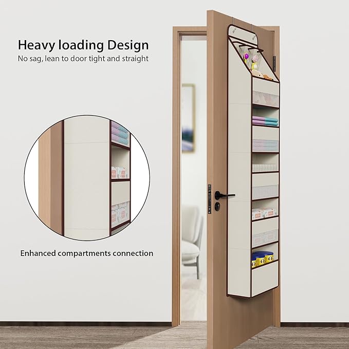 Univivi 6-Shelf Over Door Hanging Organizer Fabric Baby Door Storage with 5 Large Pockets and 3 Small PVC Pockets Wall Mount Hanging Storage Organizers for Baby Essential (Beige)
