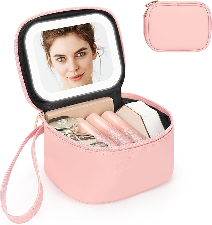 Relavel Mini Makeup Bag with Led Mirror, Small Cosmetic Bag with 3 Light Modes, Rechargeable Portable Makeup Pouch with Hands-Free Wrist Strap for Pool Parties丨Work Touch-Ups丨Travel - Pink