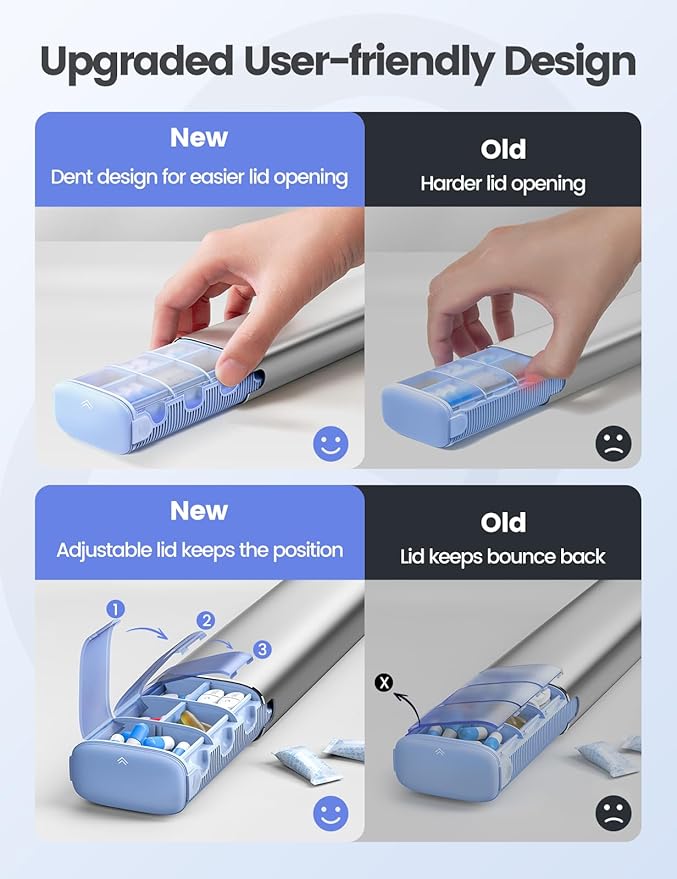 VAYDEER Metal Weekly Pill Organizer – Moisture-Proof Travel Pill Organizer with Built-in Desiccant Chamber and Airtight Lids – Large-Capacity Pill Box for Vitamins, Medicines & Supplements (Rose Gold)