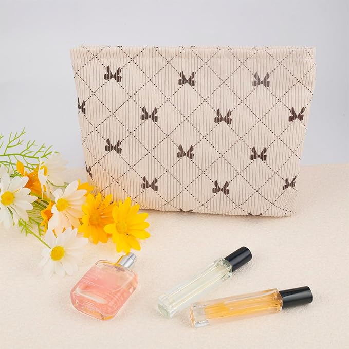 ZLFSRQ Corduroy Makeup Bag for Women Preppy Large Capacity Cosmetic Bags Travel Toiletry Organizer Pouch for Purse Zipper Makeup Brushes Storage Tote Bag Cute Y2K Aesthetic Essential Bags（Khaki Bow）