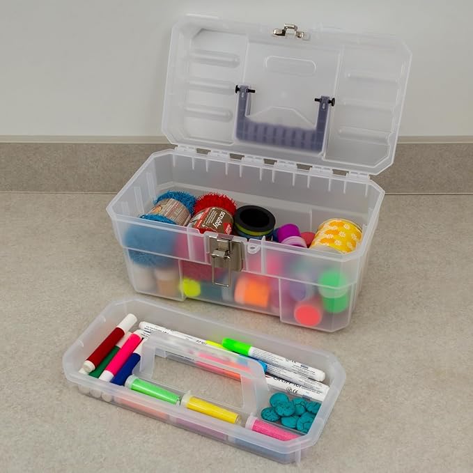 Akro-Mils 14-Inch Plastic Toolbox with Removable Tray, Steel Latch & Padlock Eye, Industrial-Grade Storage Box for Hobby Supplies, Crafts, and Tools, 14" x 8" x 8", Made in USA, 3-Pack, Clear (09514)