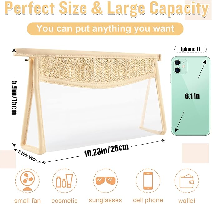 Boho Clear Makeup Bag Cosmetic Zipper Pouch Purse, Clear Toiletry Bags Travel Small Preppy Cute DIY Chenille Letter Bag, Transparent PVC Waterproof Clutch Make Up Organizer Storage Bag for Women Girls