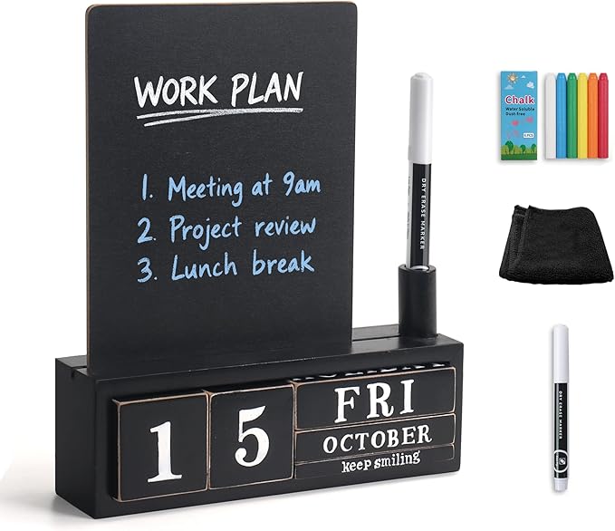 SELEAD Wooden Block Desk Calendar with Chalk Board - Daily Desktop Perpetual Calendar Words Sign Quotes for Home Office Classroom Decor, Teachers Students - Black