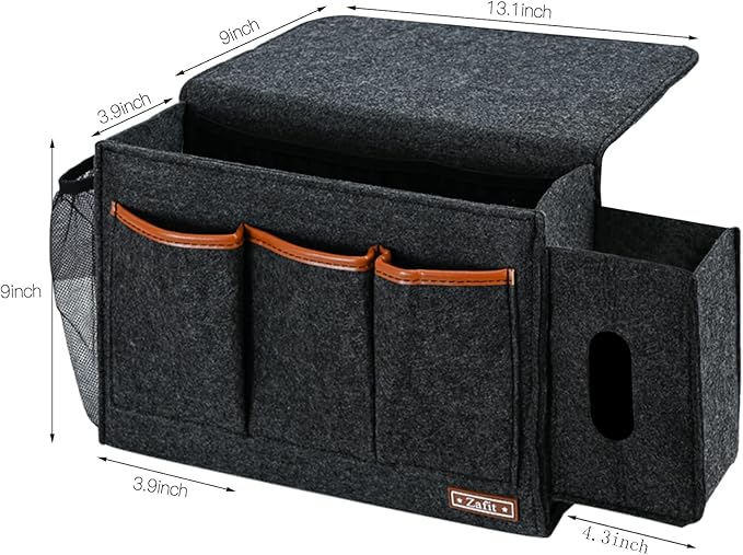 Bedside Caddy, Large Size Storage Organizer - Bedside Organizer for Magazine, Remotes, Phone (13.4'' x 18.1'' Tissue Box Holder, Dark Grey)