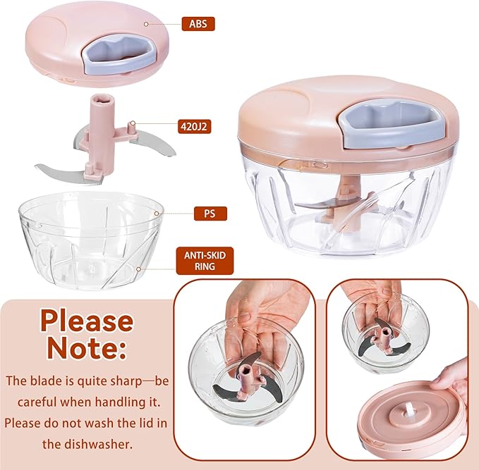 ‌Manual Food Processor Vegetable Chopper, Portable Hand Pull String Garlic Mincer Onion Cutter for Veggies, Suitable for Vegetables, Ginger, Garlic, Fruits, Onion, Potato, Salad (Pink 500 ml)‌