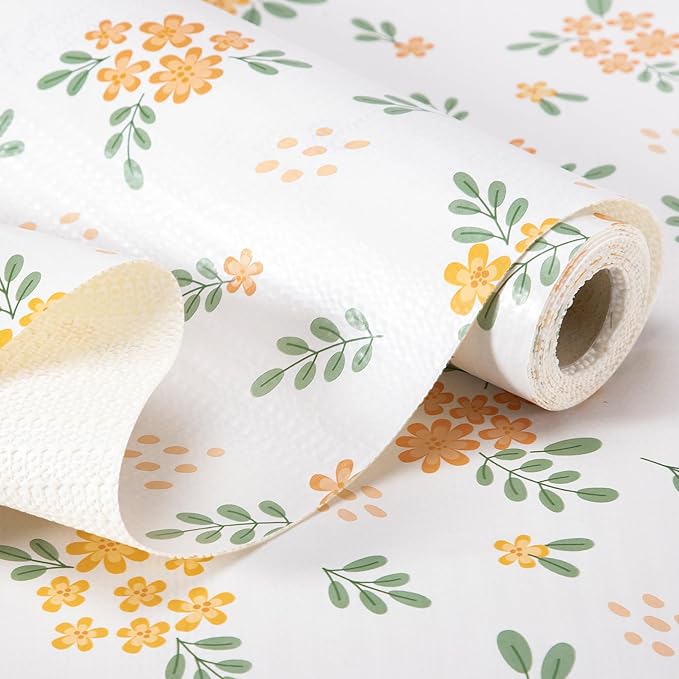 RAY STAR Shelf Liner, 18 Inch x 24 Feet Non-Adhesive Orange Floral Kitchen Cabinet Liner for Pantry Drawer Vanity, Strong Grip Non-Slip Waterproof, Shelf Liners for Kitchen Cabinets Cupboard