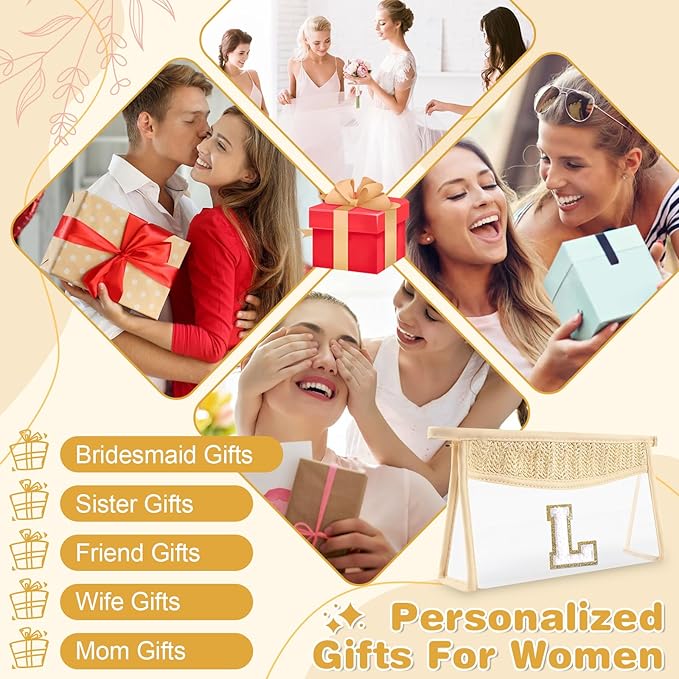 Personalized Initial Letter Bag Boho Straw Clear Makeup Bag, Small Cute Chenille Varsity Letter Bag With Zipper, Beach Travel Toiletry Bag, Portable Monogrammed Cosmetic Bag for Women Girls, L