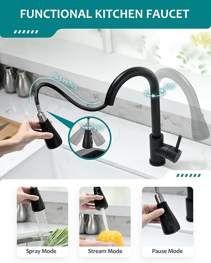 Black Kitchen Faucet with Pull Down Sprayer for RV Sink, VFAUOSIT Kitchen Sink Faucet Stainless Steel Laundry Single Handle Pull Out Kitchen Faucets Matte Black, Grifo para Fregaderos de Cocina