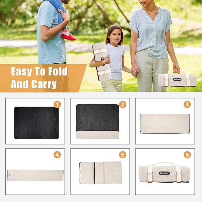 Picnic Outdoor Blankets Waterproof Large - Beach Mat Sand Free Foldable with Carry Strap | Portable Camping Blanket | Park Blanket for Grass Park, Hiking, Travel, Concerts, Indoor (Yellow Flower)