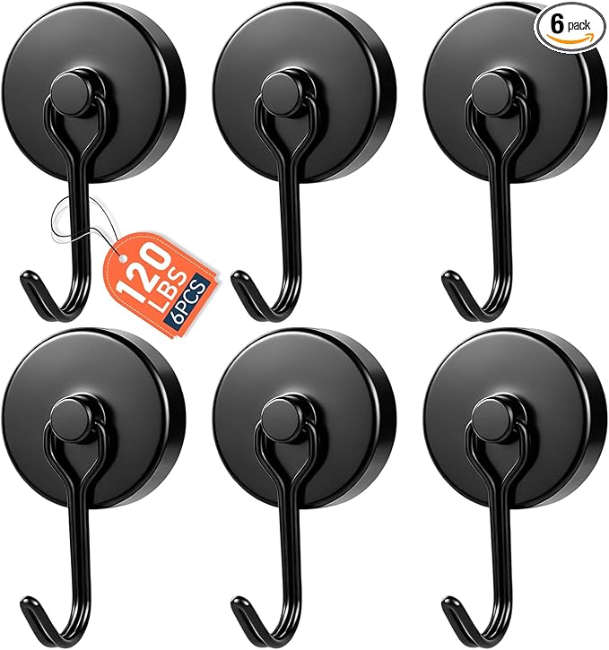 E BAVITE Magnetic Hooks, 120lbs Magnet Hook 2026 Cruise Cabin Ship Essentials Heavy Duty Strong Magnets Refrigerator Fridge Hanging for Classroom Beach Vacation Kitchen Grills Home 6PCS (Black)