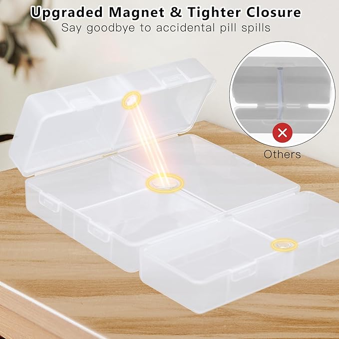 FYY Daily Pill Organizer/ Case, 7 Compartments Portable, [Folding Design] Large Travel Pill Box for Purse Pocket to Hold Vitamins,Cod Liver Oil,Supplements and Medication-Clear