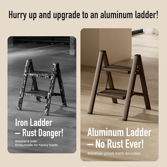 2 Step Ladder, Aluminum Folding Step Stool for Adults, Step Ladder with Wide Anti-Slip Pedal, 330 lbs Capacity for Home, Office, Kitchen, Library (Walnut)