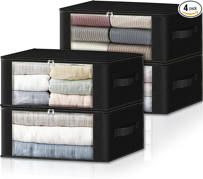 HomeHacks Storage 4-Pack Clothes Organizer Storage Bags Foldable Storage Box with Large Clear Window Sturdy Handles for Closet, Dorm, Pillows, Bedding, Clothes, Blankets, 35L, Black