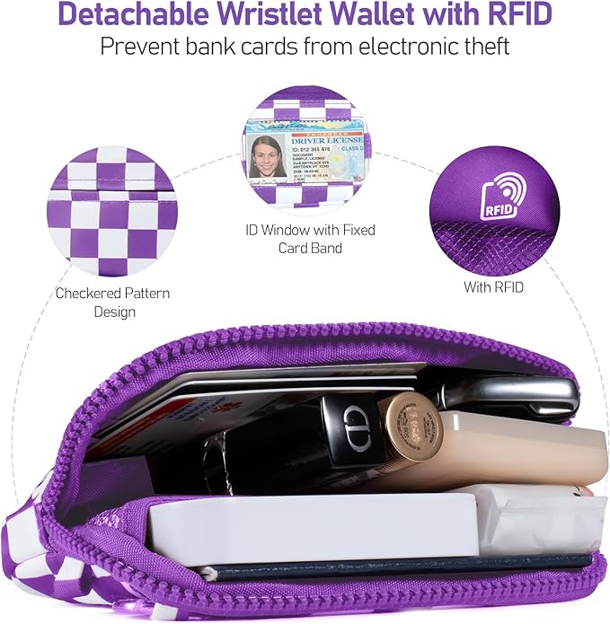 Clip and Go Strap for Phone with Wallet Crossbody Phone Lanyard and Detachable Checkered Bag with ID Window and RFID Pouch for Daily Travel.