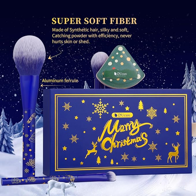 DUcare Christmas Gift Set 8Pcs,With 6pcs Makeup Brush Set 2pcs Makeup Puffs Kabuki Foundation Blending Face Powder Blush Concealers Eye Shadows Brushes