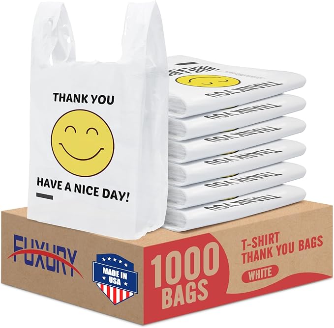 Fuxury 1000 Count Happy Smiling Face Thank You Plastic Bags (11.5 x 6.5 x 21) White, Have a Nice Day T-shirt Bags for Business, Grocery, Take Out, To Go, Retail Shopping in Bulk