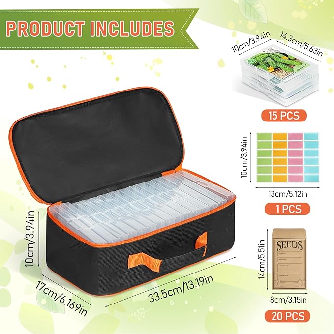 15 Slots Seed Storage Organizer Box with 20 Seed Envelopes, Large Capacity Seeds Storage Container with Zipper Bag Label Stickers, Seeds Saving Container for Garden Vegetable and Flower (Orange)