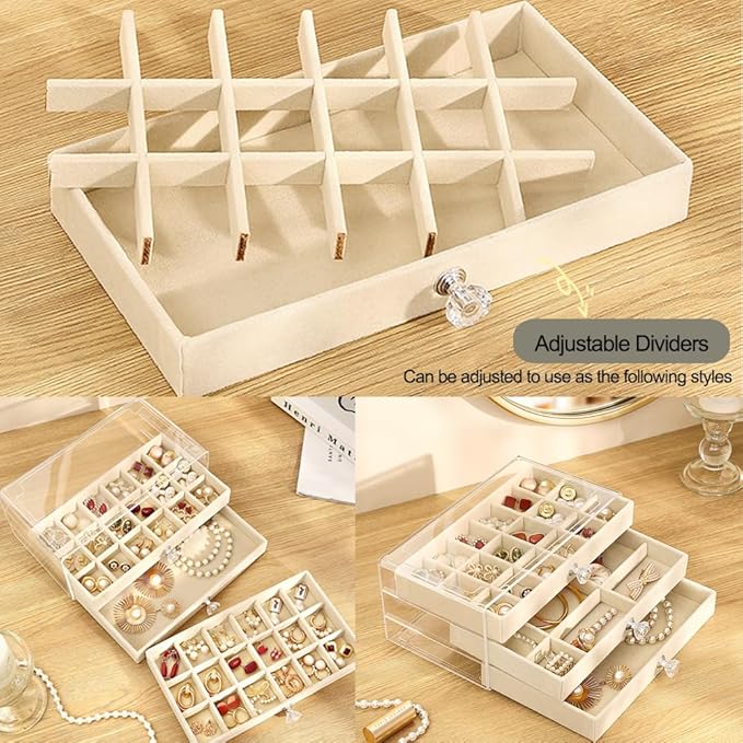 SPAKOWN Earring Box Holder Organizer Display Case, Clear Velvet Jewelry Storage Tray Organizer for Earring Ring Stud (Beige - 3 Drawers)