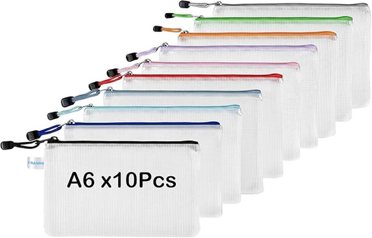 10pcs A6 Size Mesh Zipper Pouch Bags with Label Pocket, Plastic Zip Lock Bag for Classroom Organization, Pouch for Travel Bills Organizing Puzzle Board Game Storage