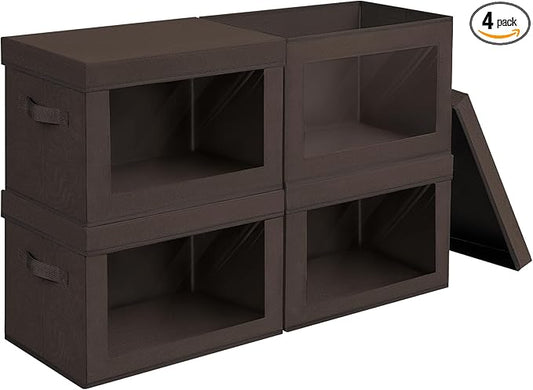 Collapsible Storage Bins with Clear Window - Clothes Organizers and Storage, Decorative Boxes with Lid, Fabric Storage Cube, Storage Baskets for shelves, Yarn, Home, Brown, 4-Pack