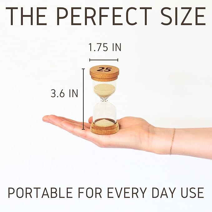 25 Minute Sand Hourglass Timer - Glass Sand Clock 25 Min - Modern Hourglass Watch with Wooden End Caps for Kids, Games, Classroom, Kitchen, Home or Office Decor