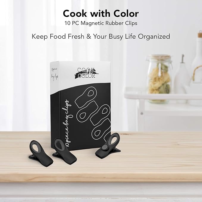 COOK WITH COLOR Bag Clips with Magnet - Food, Chip, and Bag Clips for Food Storage with Airtight Seal Grip for Bread Bags, Snack Bags, and Food Bags (Black, Pack of 20)