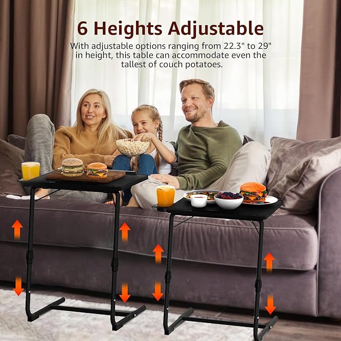 TV Trays Set of 4 - Folding TV Tray Adjustable Dinner Trays for Eating On Couch Wooden Tables Mate Stand Foldable Black Desk with Cup Holder Portable